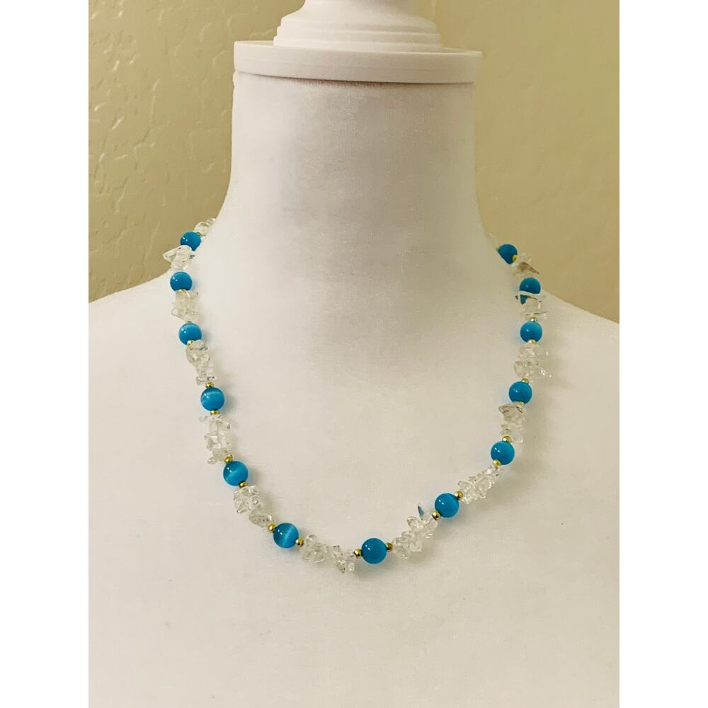 Short Beaded Necklace, Clear Chip Beads with Blue Round Beads, 19" Long